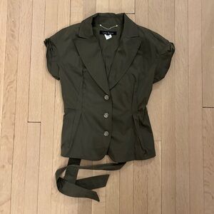 Lida Baday Olive Green Nylon Button Down Women's Blazer Jacket Cap Sleeve